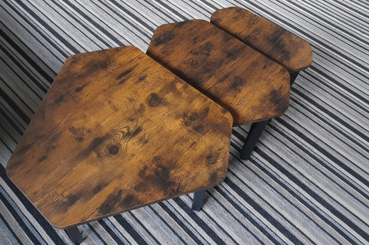 Stackable nesting tables with wood effect top and steel frame