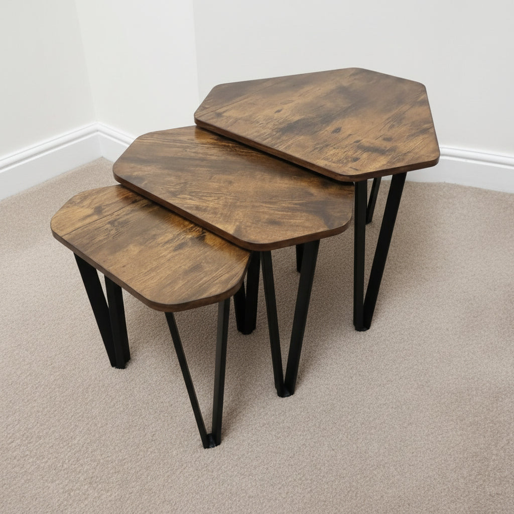 Hexagonal end nesting tables for living room in rustic style