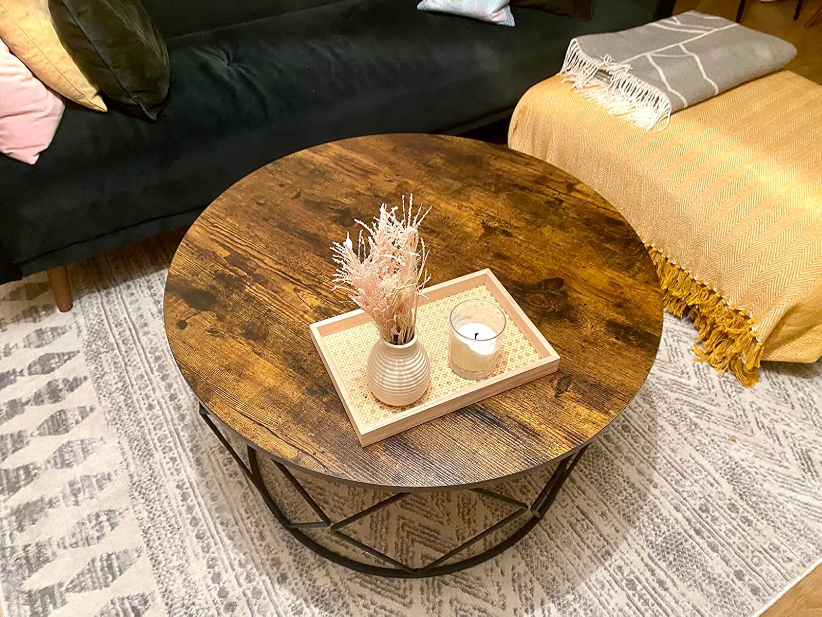 industrial retro living room coffee table with dark wood top