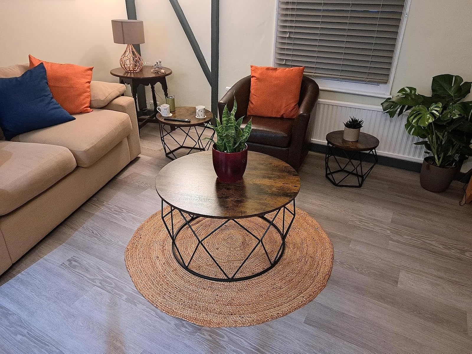 diamond shape steel base table with dark wood tone top