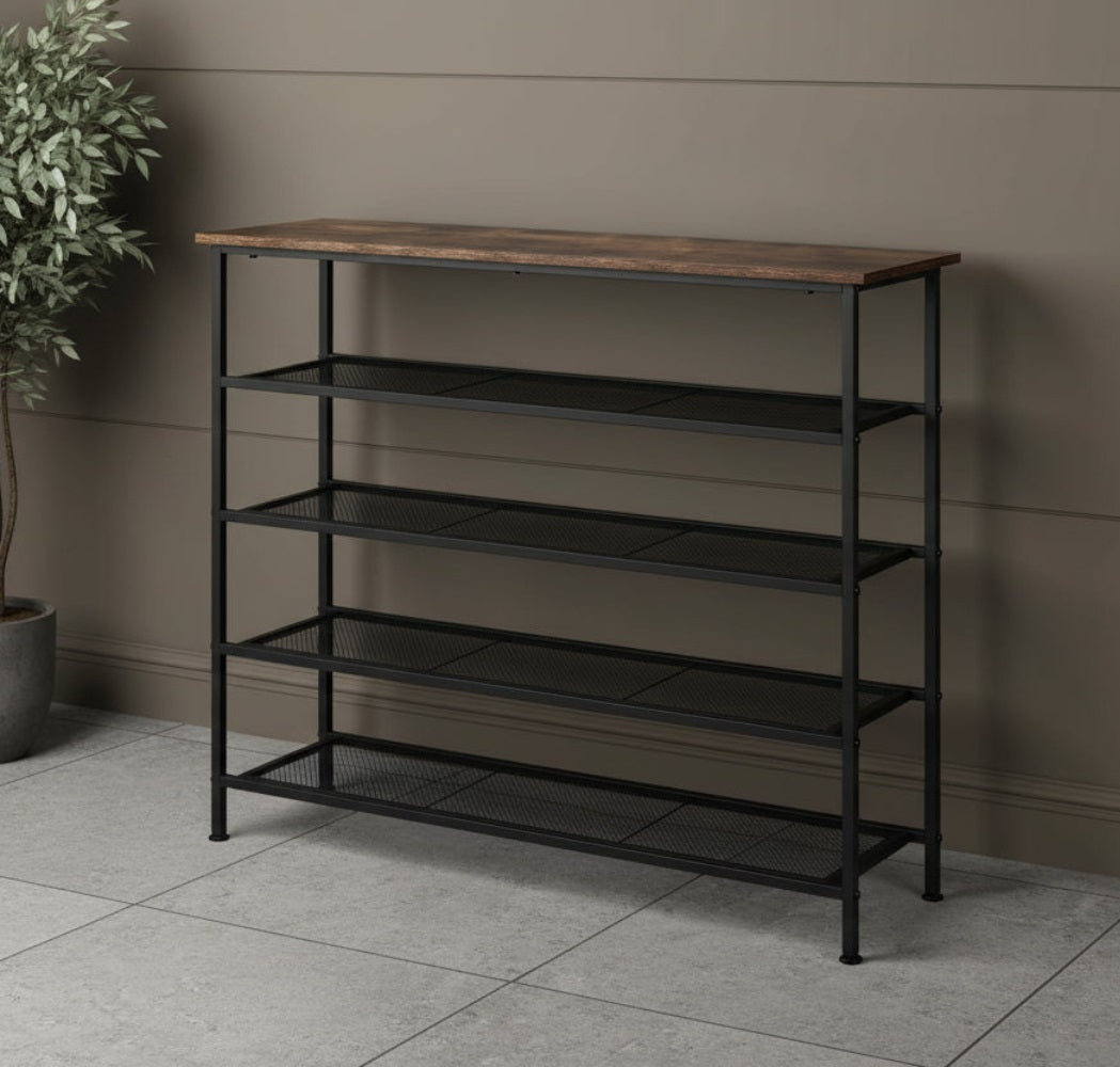 industrial shoe rack with 5 shelves and wooden top