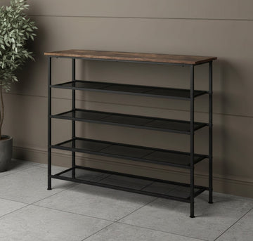 industrial shoe rack with 5 shelves and wooden top