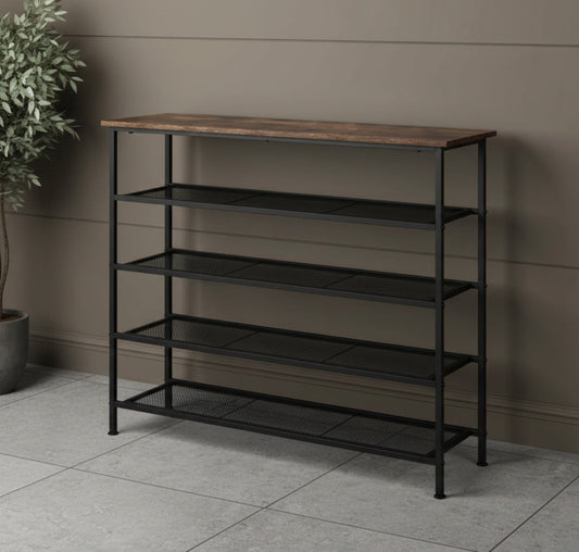 industrial shoe rack with 5 shelves and wooden top