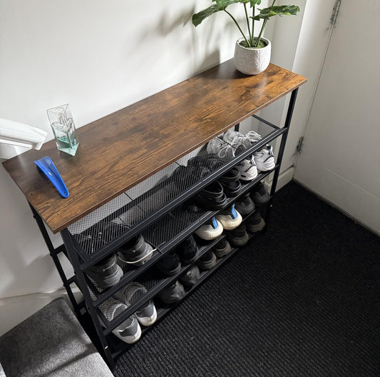 shoe rack made from wood and metal in dark wood tone