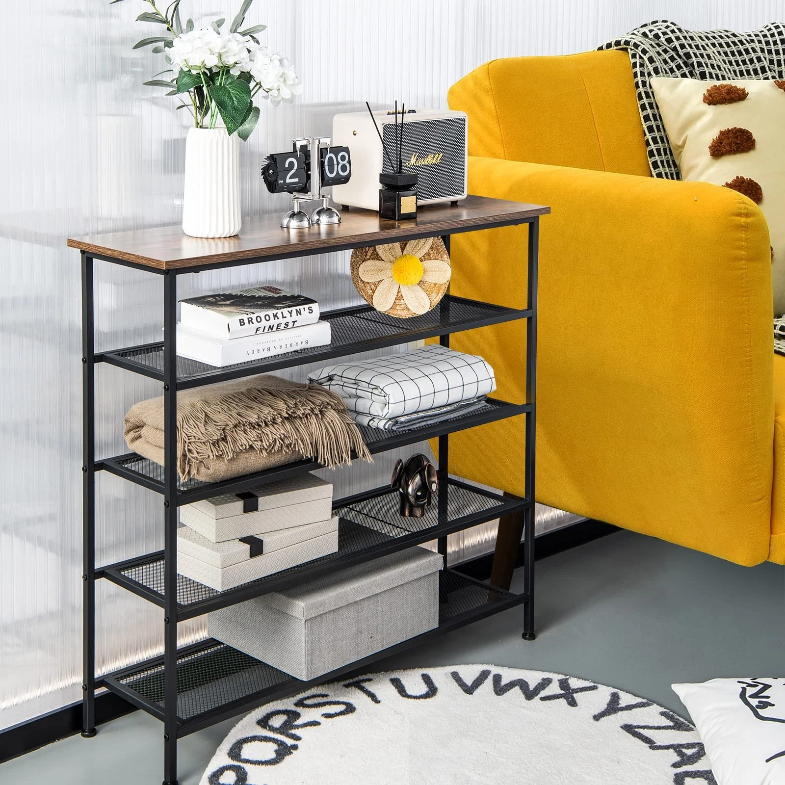 shoe tiered rack with metal mesh shelves and wooden top