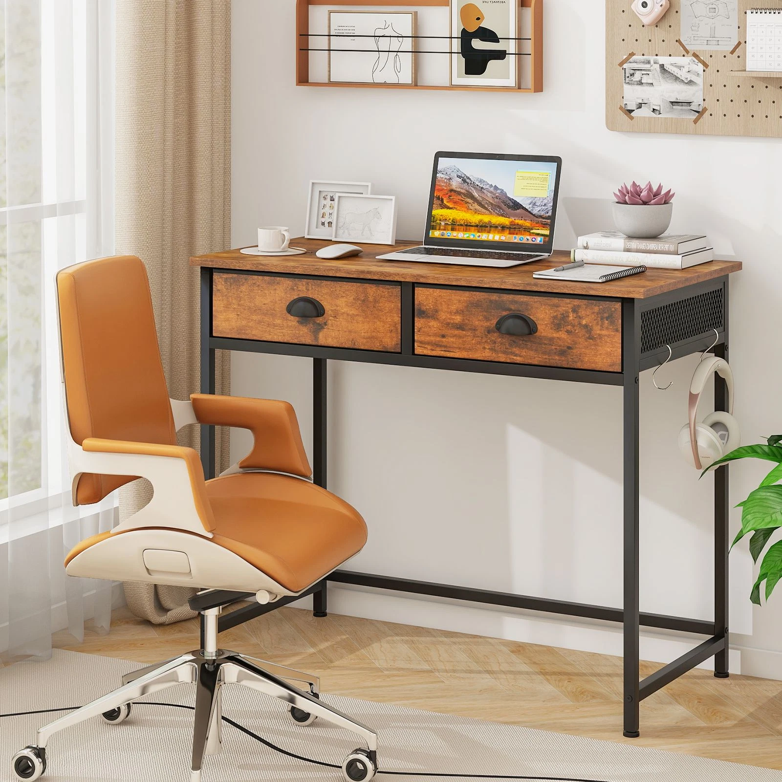 Small computer desk with fabric drawers and hanging hooks