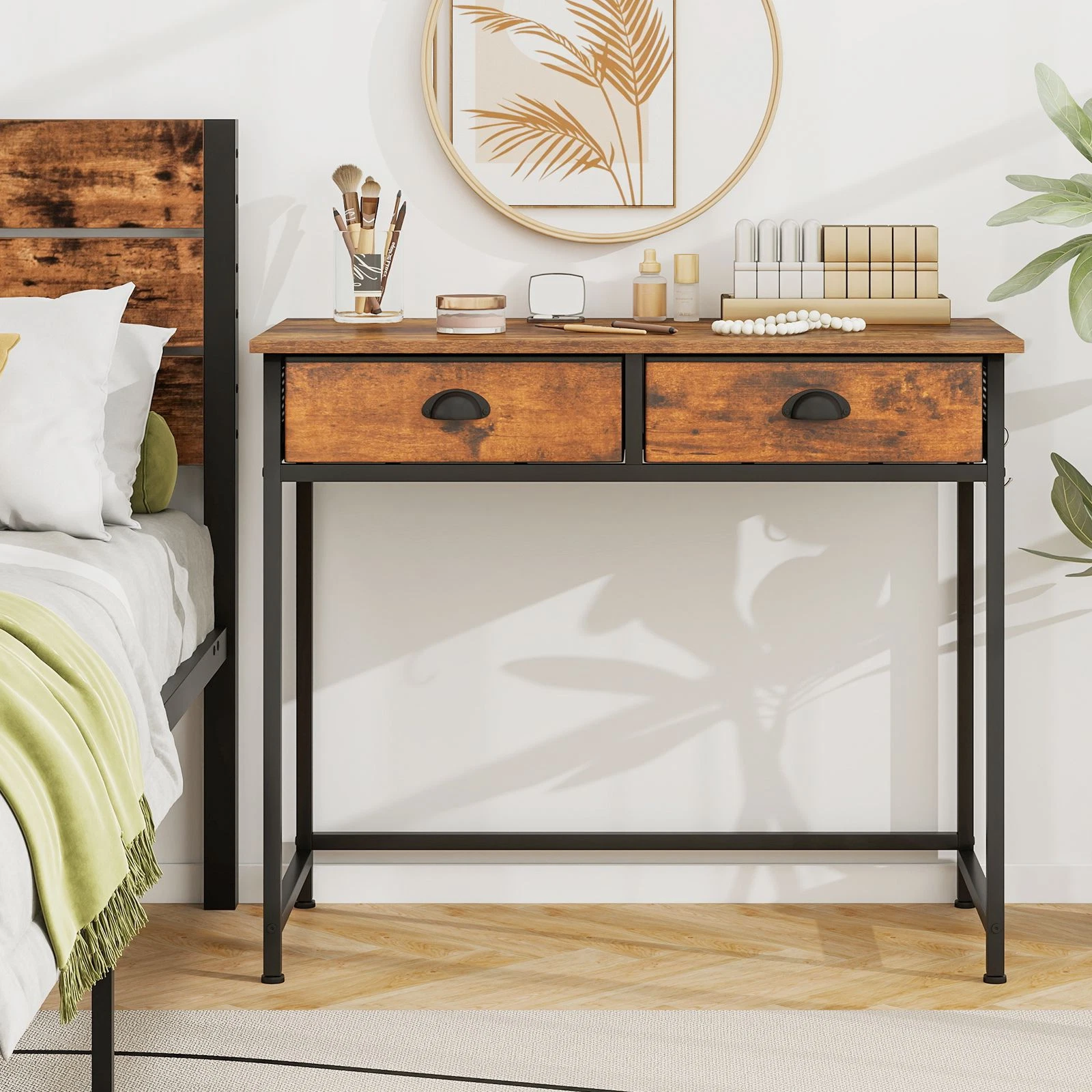 Writing desk with metal frame and adjustable foot pads