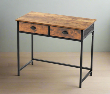 Industrial writing desk with metal frame and two storage drawers