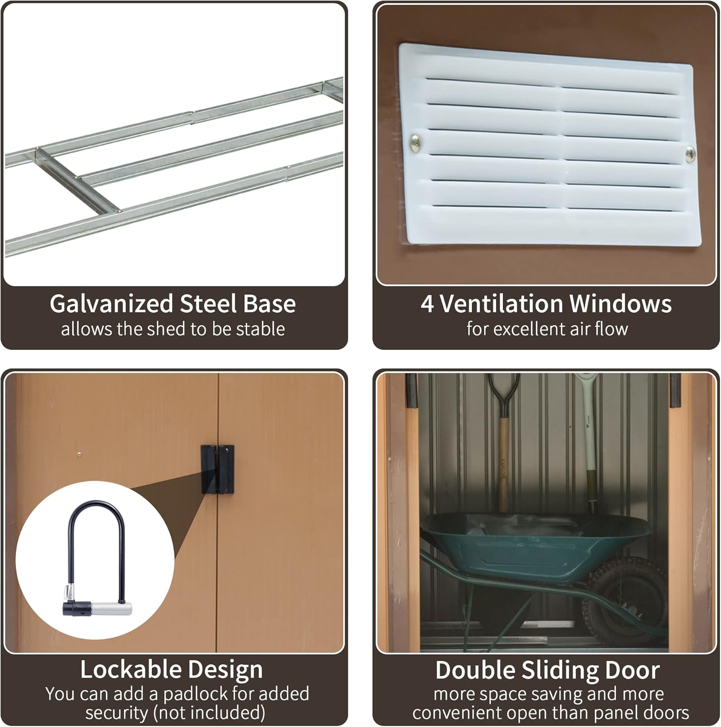 Collage of features including galvanized steel base, ventilation windows, lockable design, and double sliding door on a shed.