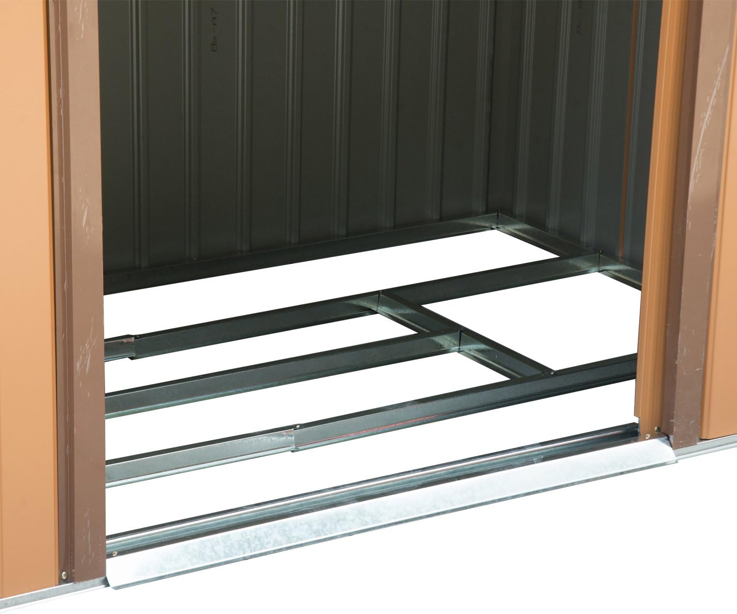garden tools shed with galvanized base and sliding door
