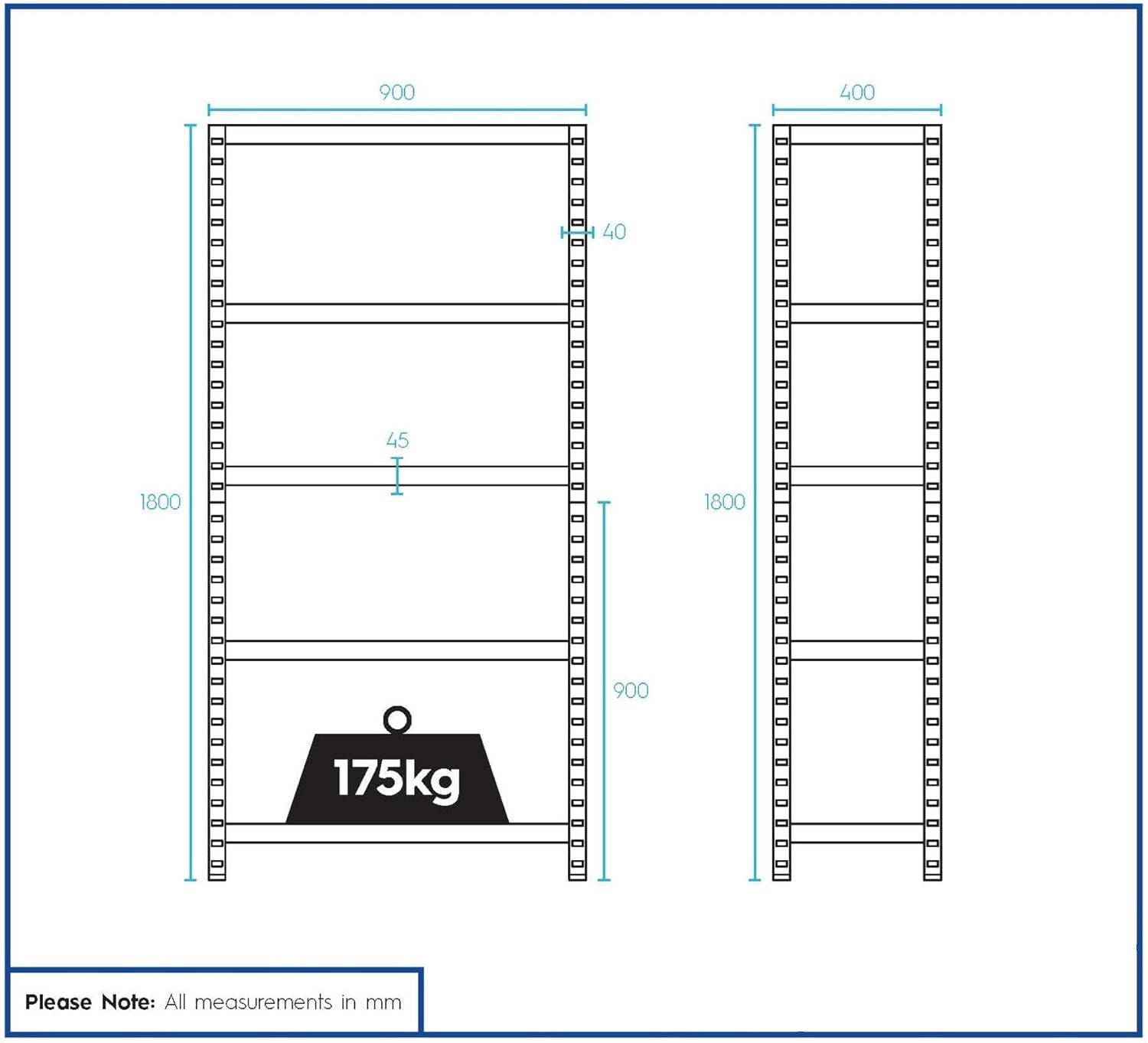 Measurement chart of a storage rack with dimensions and weight capacity.