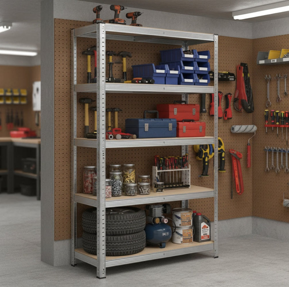 Garage shelving unit fully loaded with storage boxes and tools