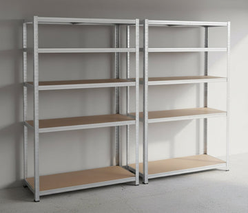 Two heavy duty galvanised steel garage shelving units with five MDF shelves