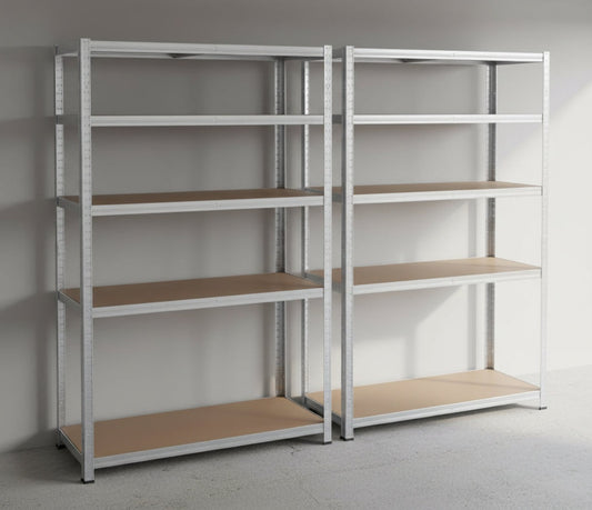 Two heavy duty galvanised steel garage shelving units with five MDF shelves