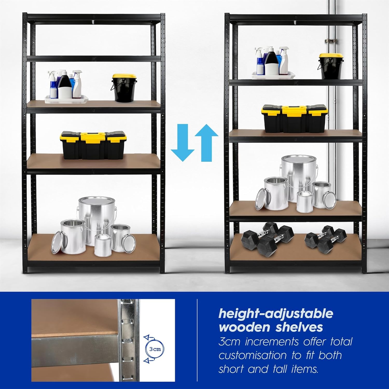 Height-adjustable wooden shelves in steel frame with various items on