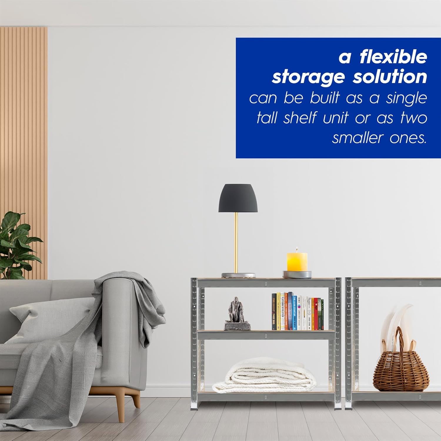 Heavy duty workshop shelving unit split into two smaller storage racks