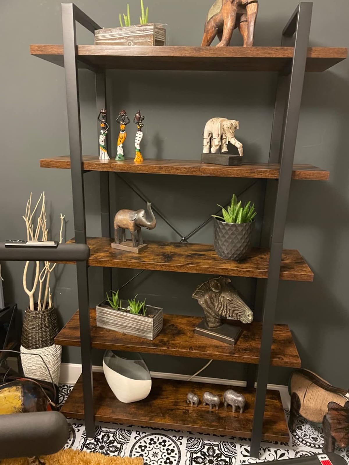 open storage bookcase with industrial style for living room