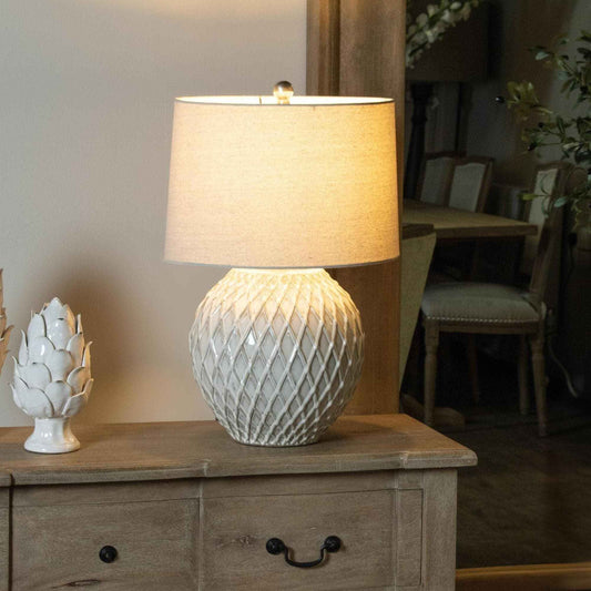 Lattice Design Table Lamp With Linen Shade In White Made From Ceramic