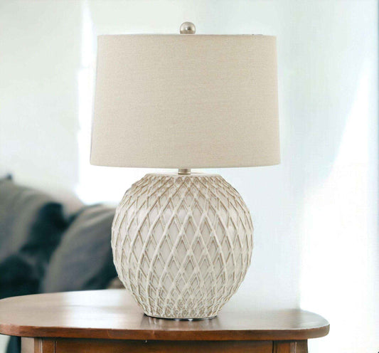 Lattice Design Table Lamp With Linen Shade In White Made From Ceramic