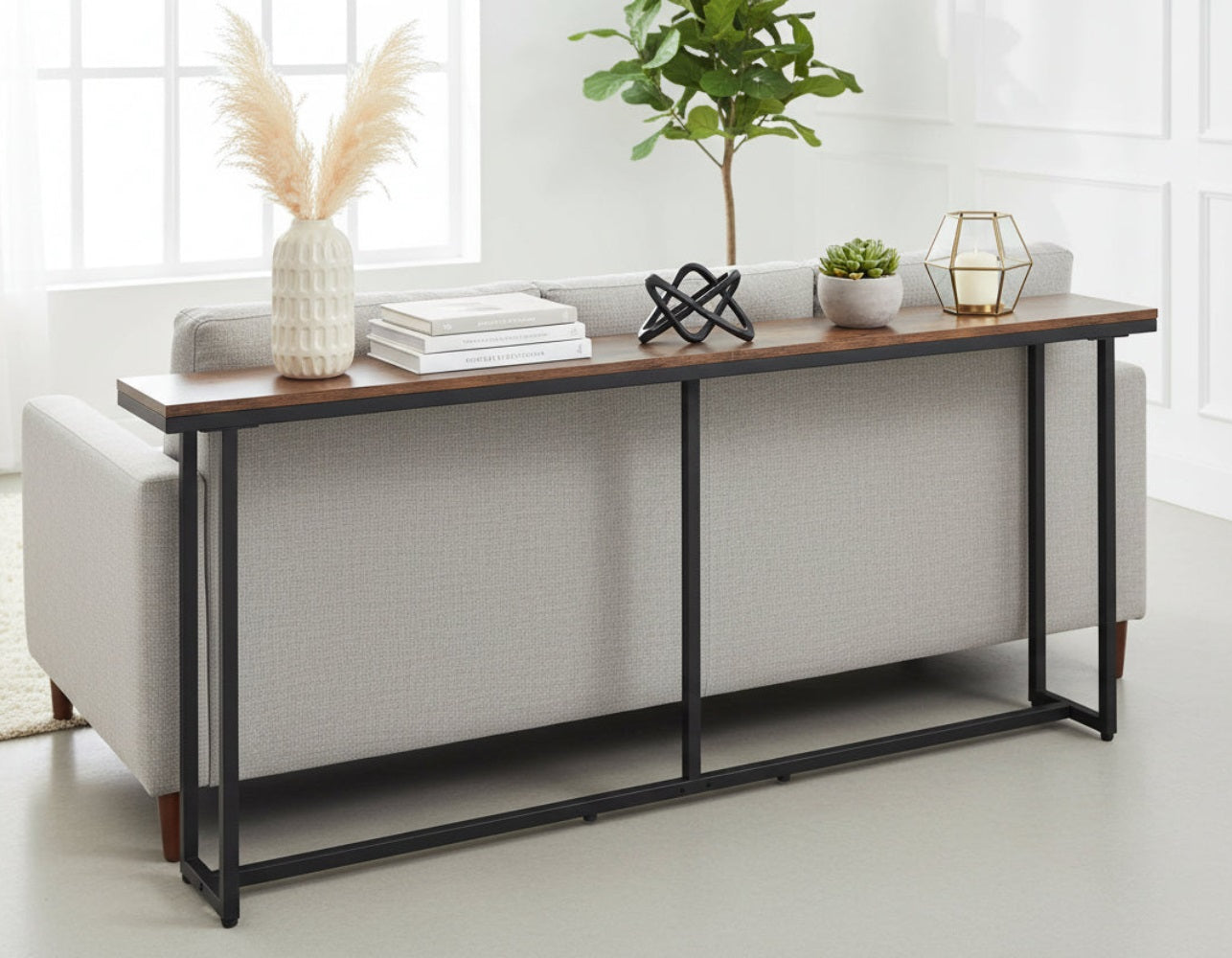 industrial long console table with wooden top and iron base