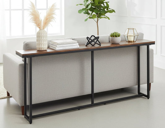 industrial long console table with wooden top and iron base
