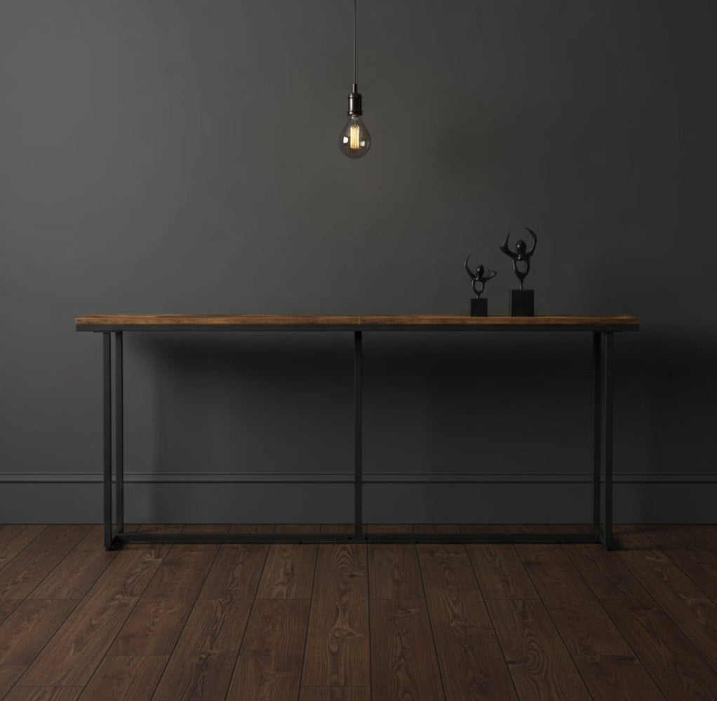 wooden console table in narrow shape with iron frame