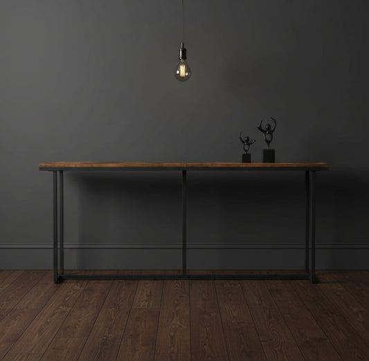 wooden console table in narrow shape with iron frame