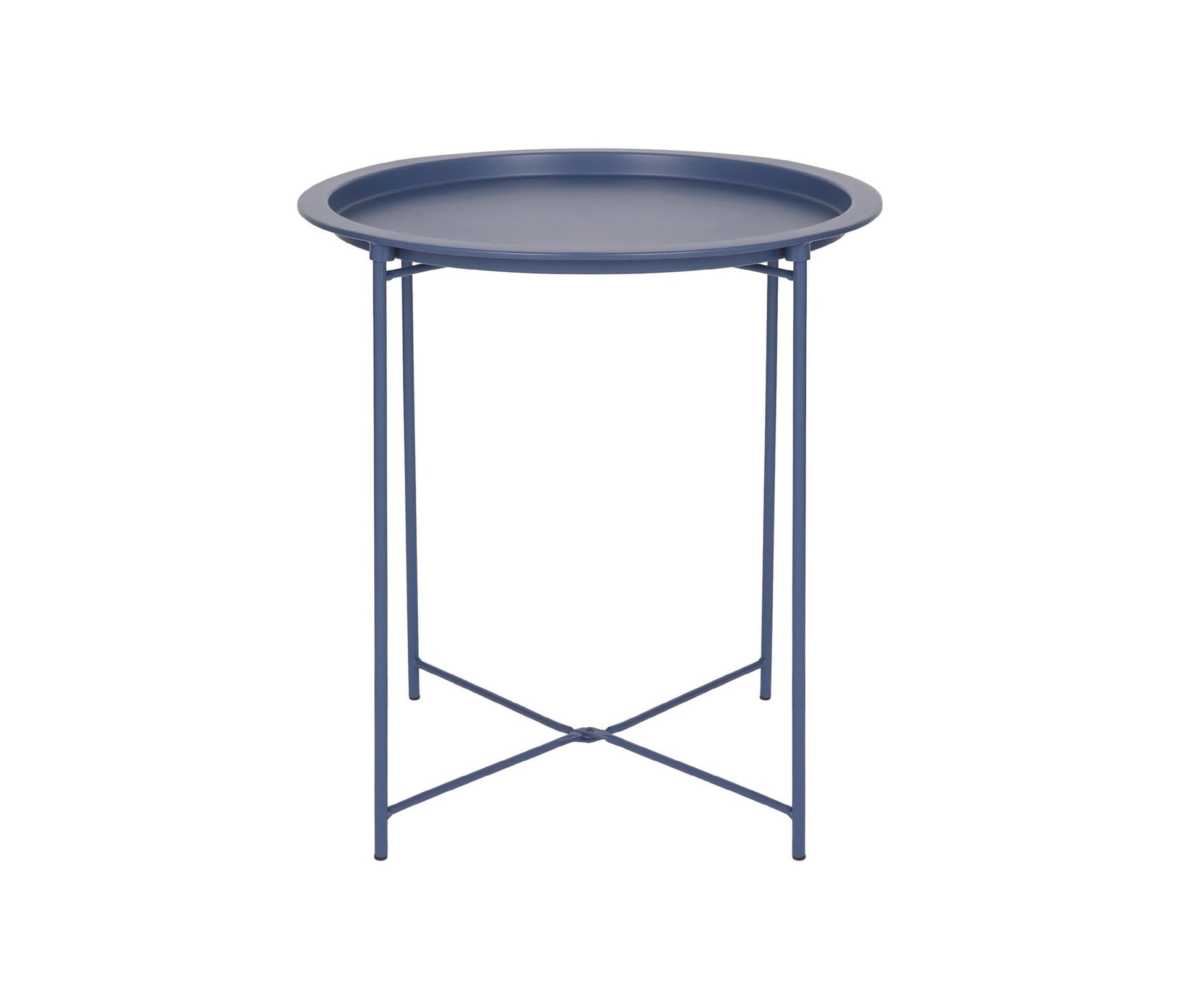 Blue side table with round tray top on a white background