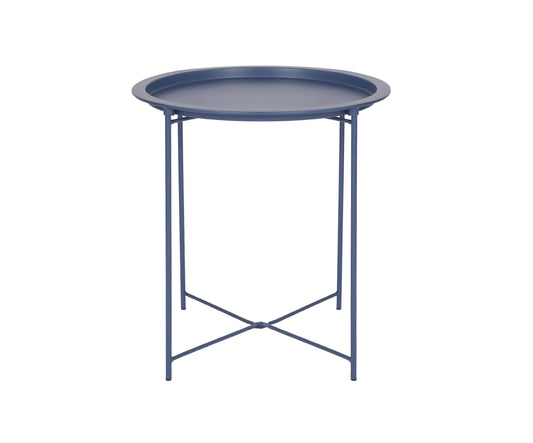 Blue side table with round tray top on a white background