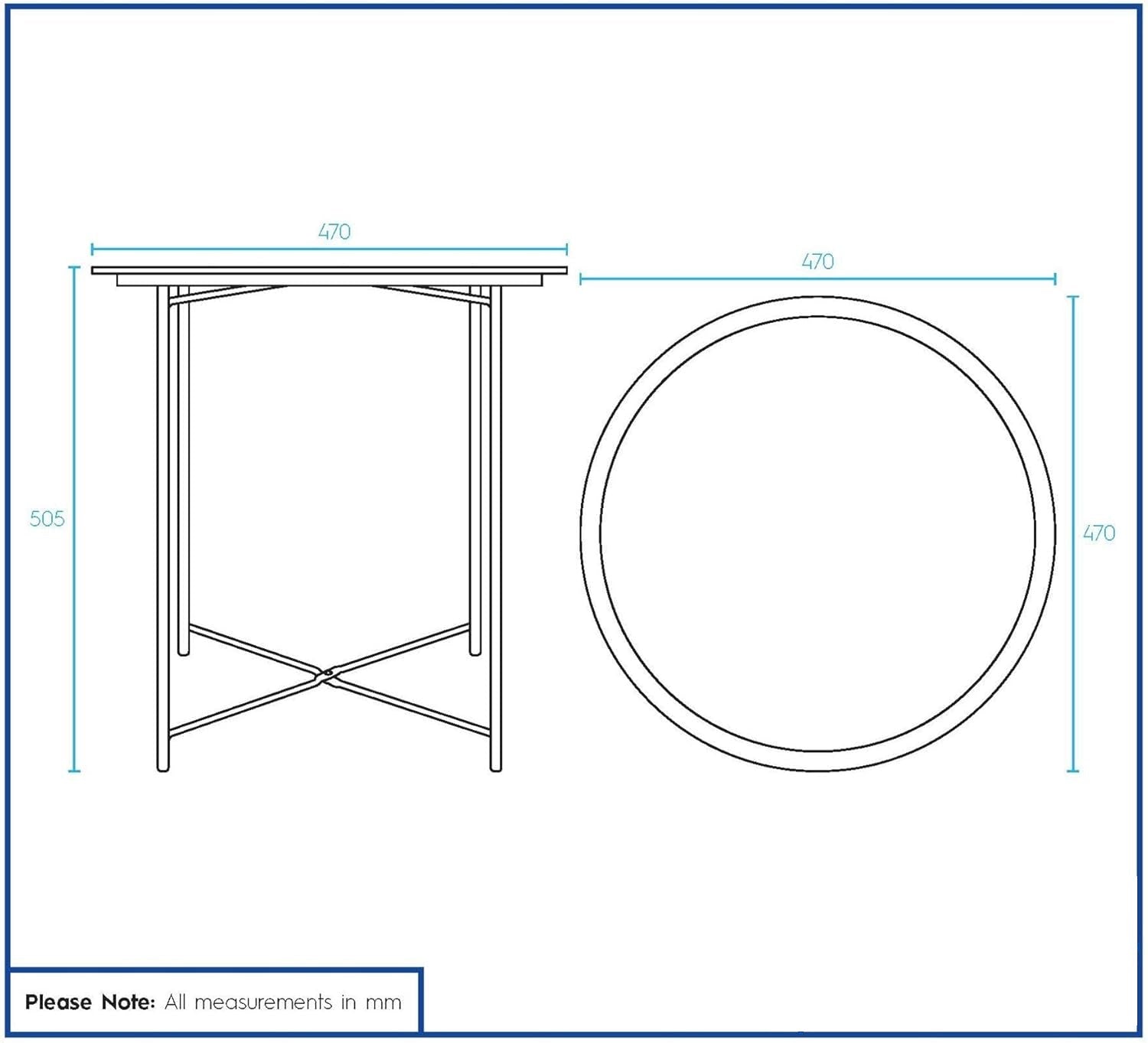 Technical drawing of a round table with dimensions
