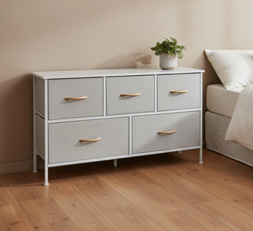 Modern grey 5 drawer fabric dresser storage chest unit