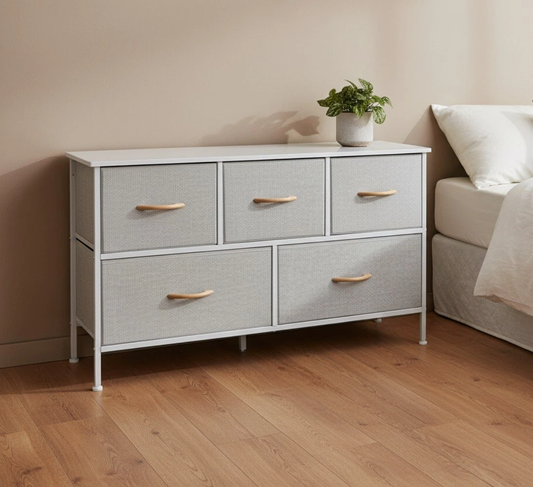 Modern grey 5 drawer fabric dresser storage chest unit