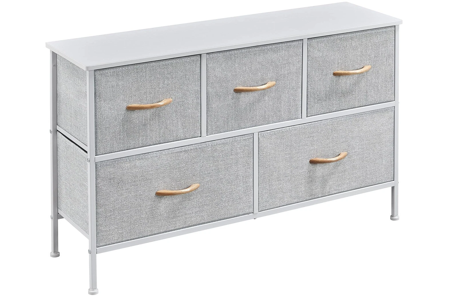 Grey fabric drawer chest with wooden handles and compact design