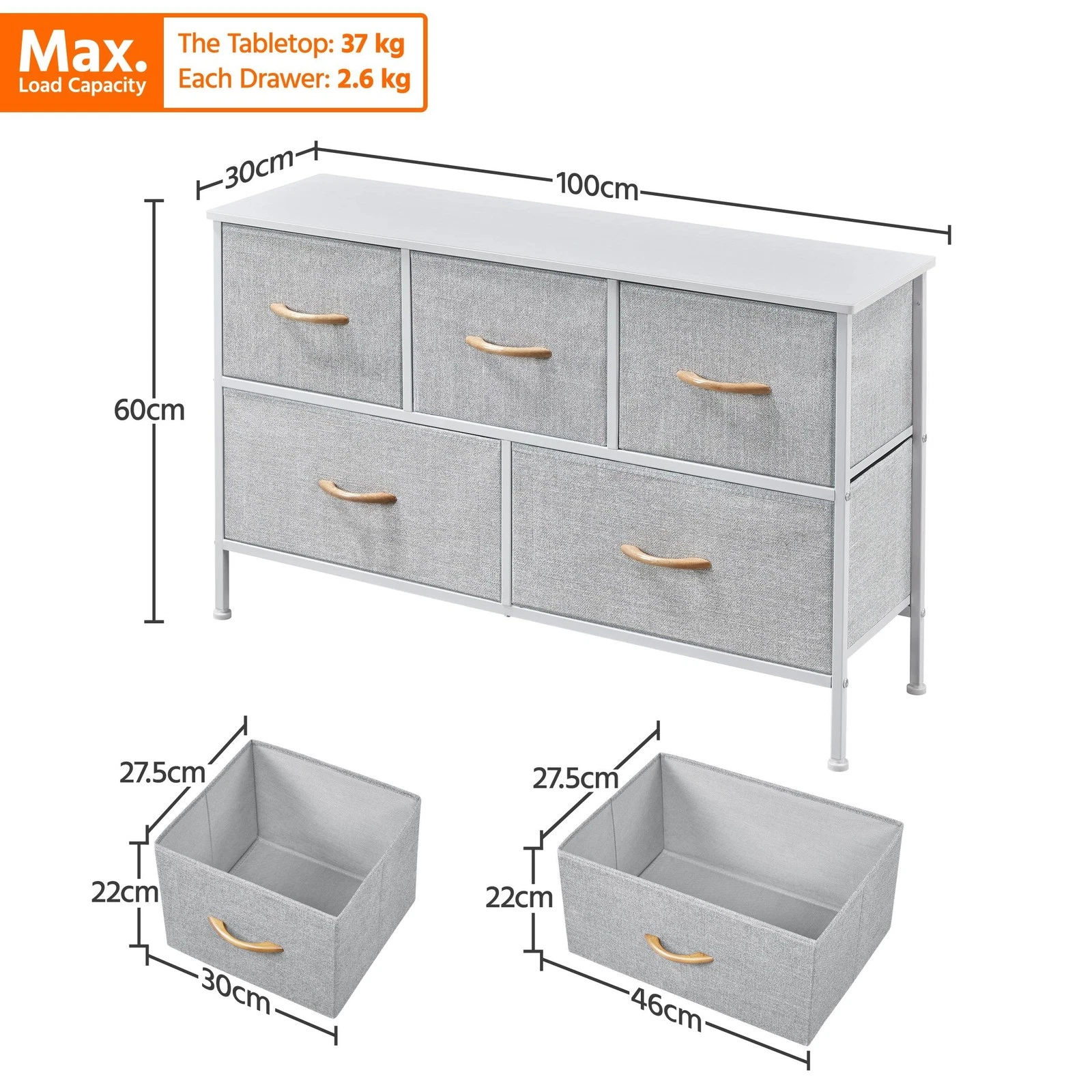Lightweight storage unit with five drawers for home organisation
