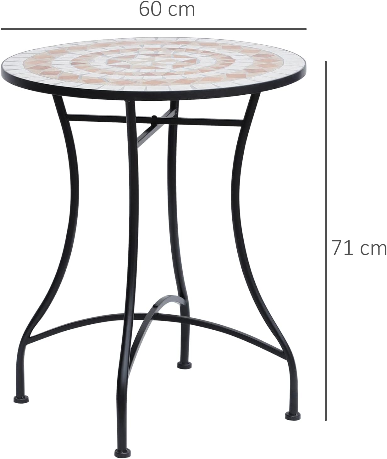Round mosaic table with dimensions on a white background