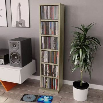 tall cd cabinet in oak tone with 6 shelves - My Unique Furnishings