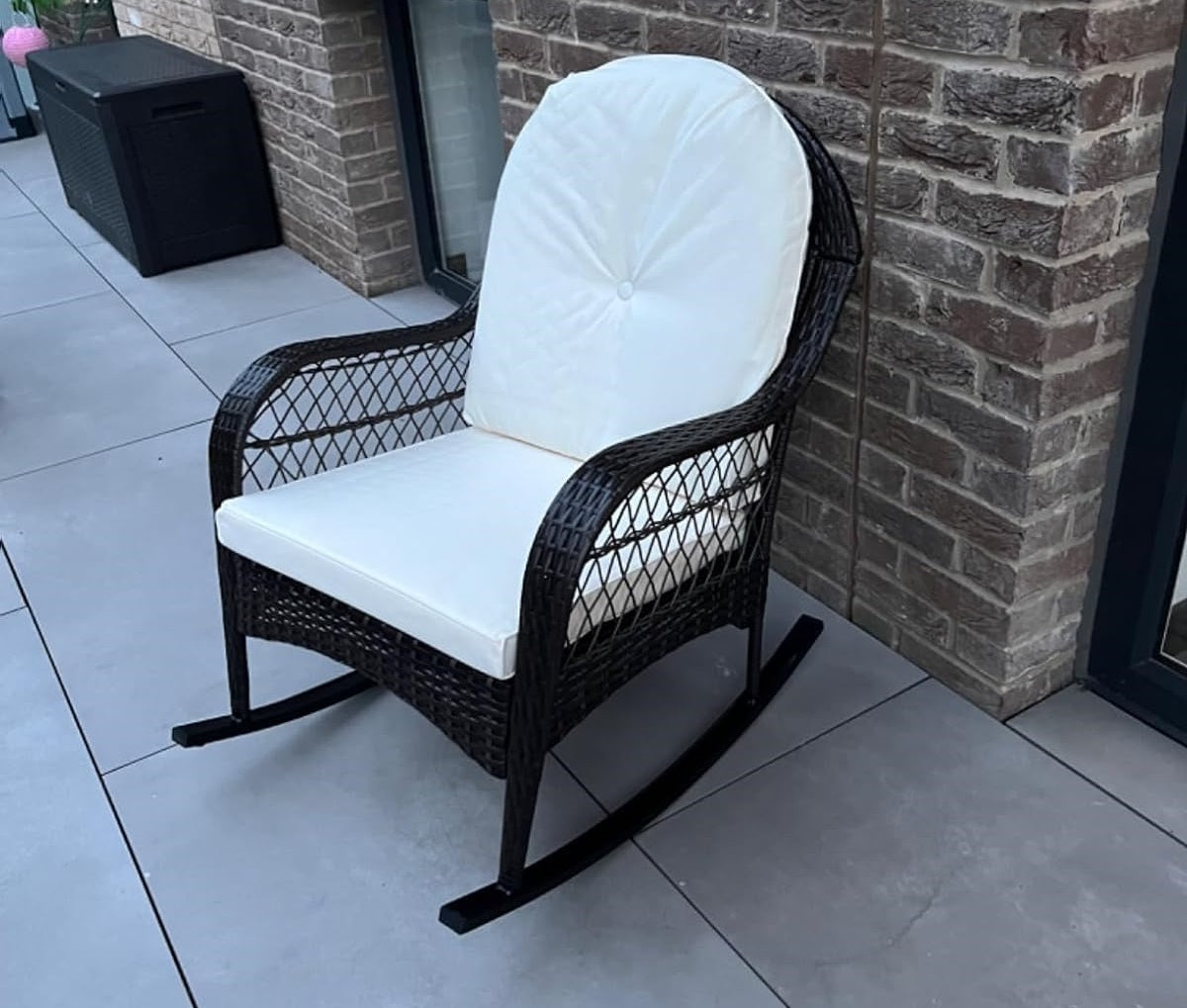 outdoor rocker chair with cushions and vintage retro style