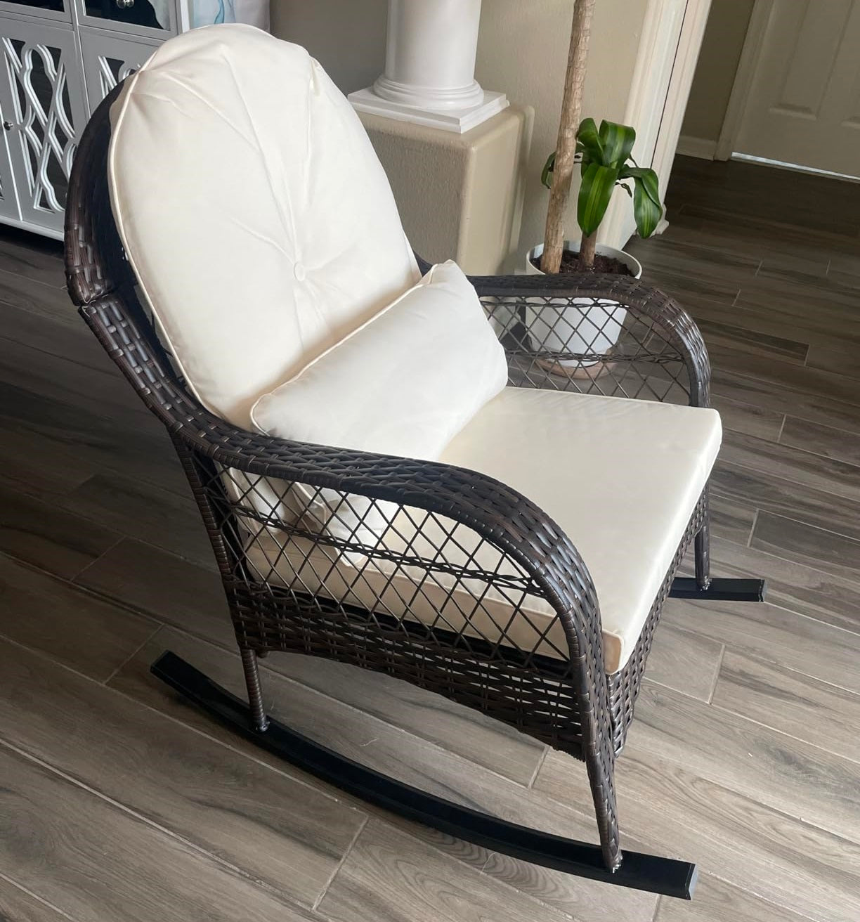 dark brown vintage style rocking chair with cushions