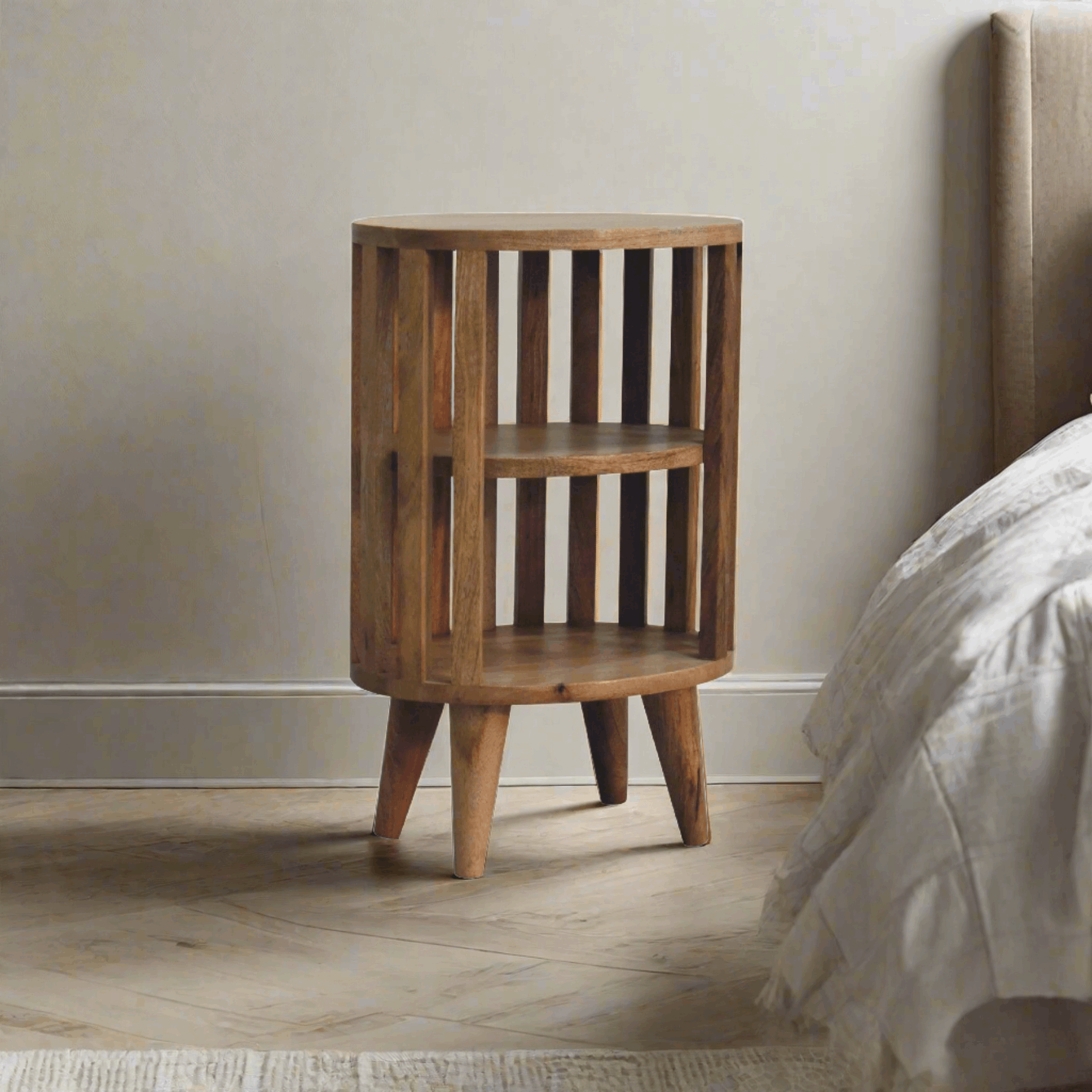 narrow bedside table in oak finish