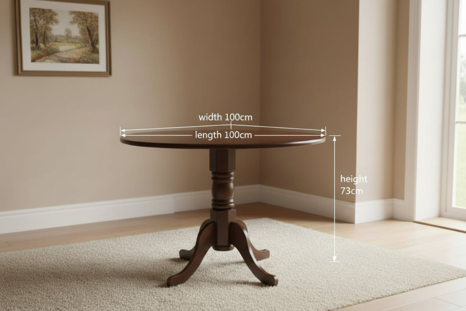 rounded dining table with carvings in vintage retro style