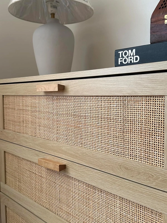 boho style chest with 3 drawers in light wood colour