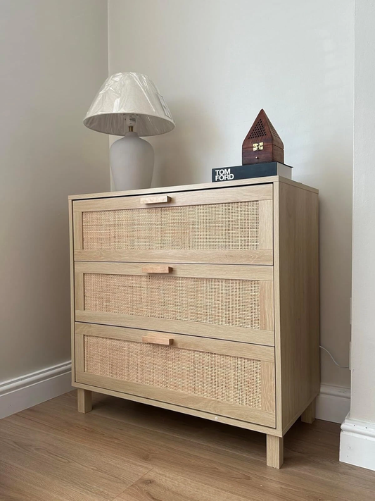 bohemian dresser with woven style rattan drawers