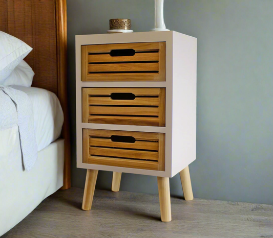 retro bedside table with 3 drawers in white and natural