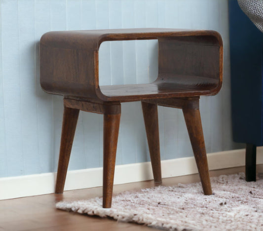 Retro Curved Open Shelf Bedside Table In Dark Finish-myuniquefurnishings.co.uk