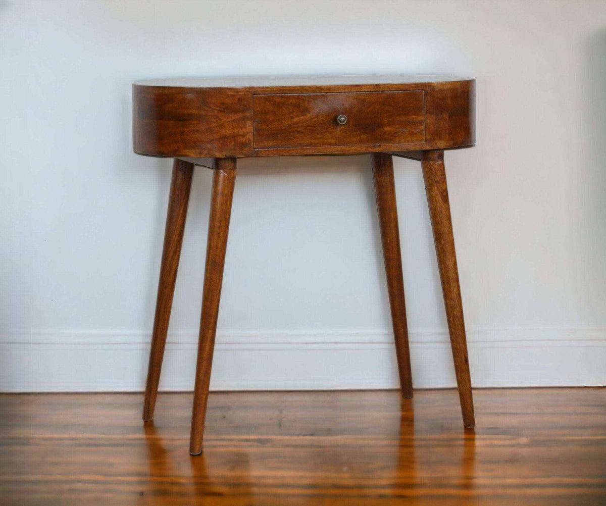 Consuler Table Rounded Rounded Mid Century Console Table In Dark Finish