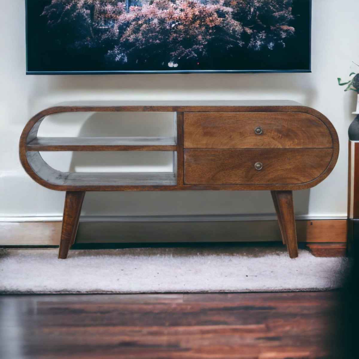 Rounded TV Stand With Storage Vintage Dark Wood Media Console Cabinet