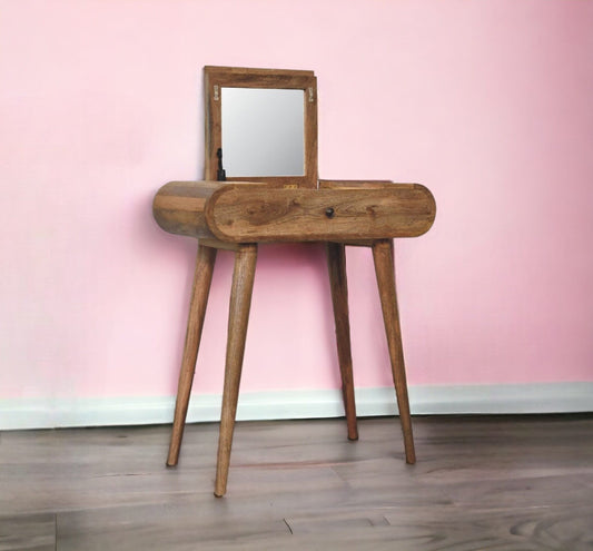 Rounded Vanity Table With Mirror In Oak-myuniquefurnishings.co.uk