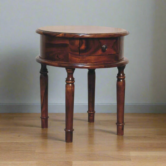 dark wood bedside cabinet in round shape