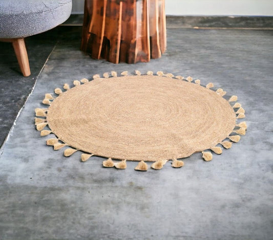 Rounded Woven Rug With Tassels-myuniquefurnishings.co.uk