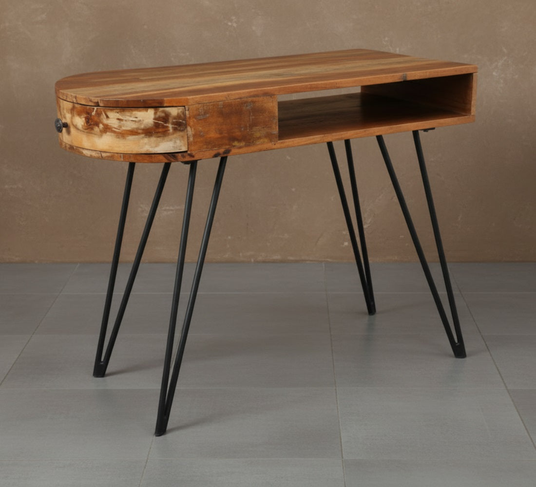 industrial console table with solid wood top and iron legs